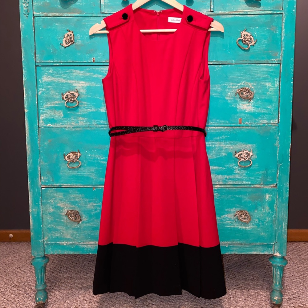 Red Calvin Klein Sleeveless Dress w/ Belt